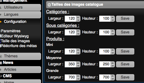 Configuration de la taille des images